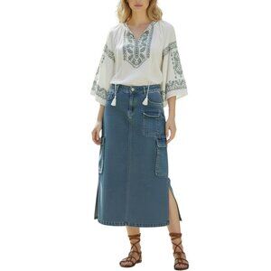 Denim Midi Utility Skirt in Blue